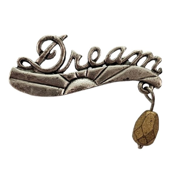 Chico’s Silver Tone  Cursive Letter Sign DREAM W/ Dangle Charm Pin, Signed L318 - Picture 3 of 9